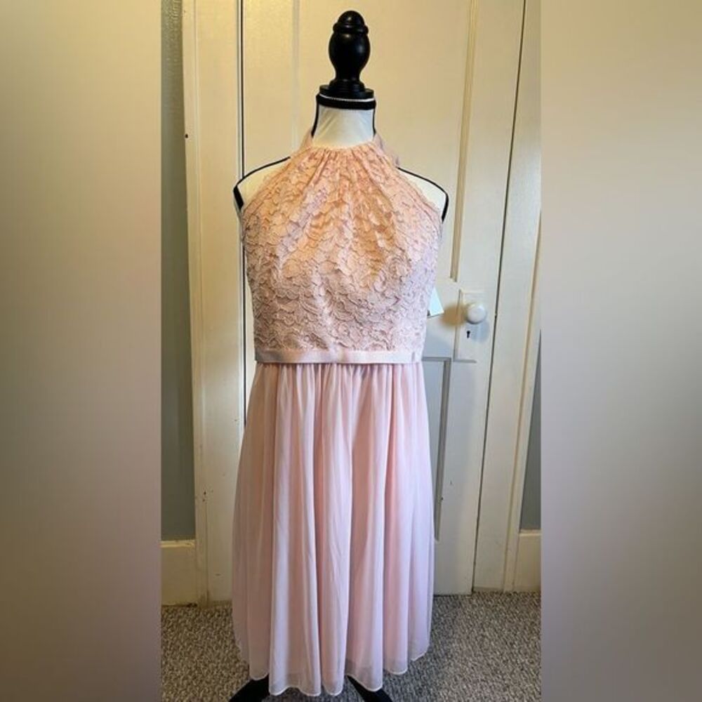 David's Bridal pink lace halter dress